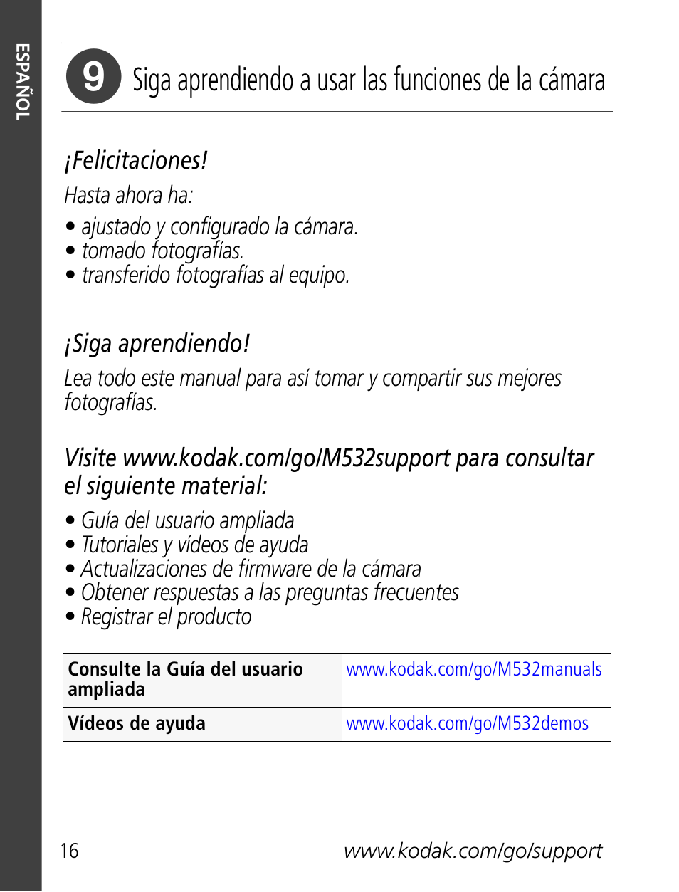 Siga aprendiendo a usar las funciones de la cámara | Kodak M532 User Manual | Page 16 / 28