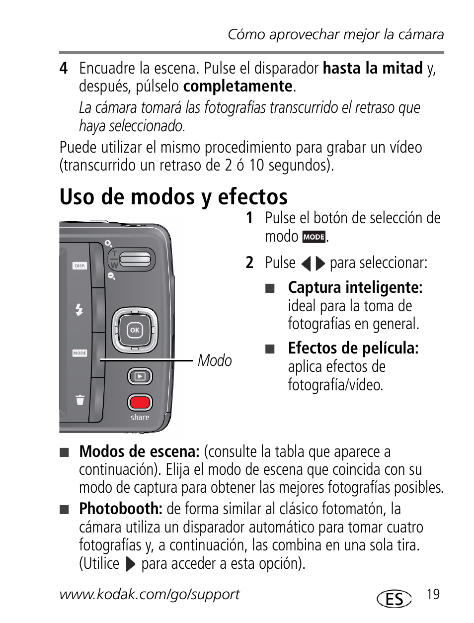 Uso de modos y efectos | Kodak M532 User Manual | Page 19 / 28