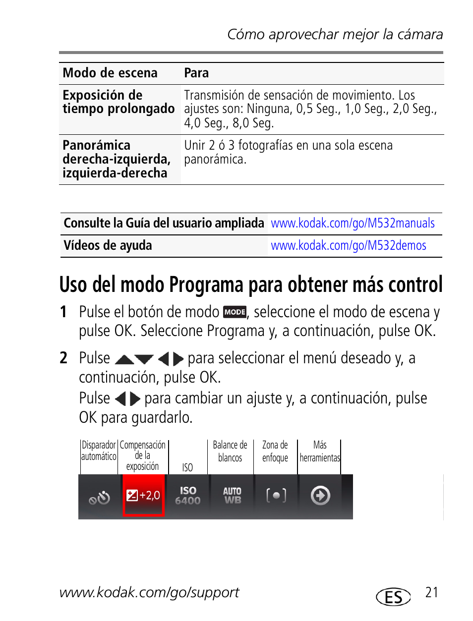 Uso del modo programa para obtener más control | Kodak M532 User Manual | Page 21 / 28