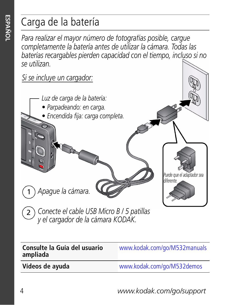 Carga de la batería | Kodak M532 User Manual | Page 4 / 28