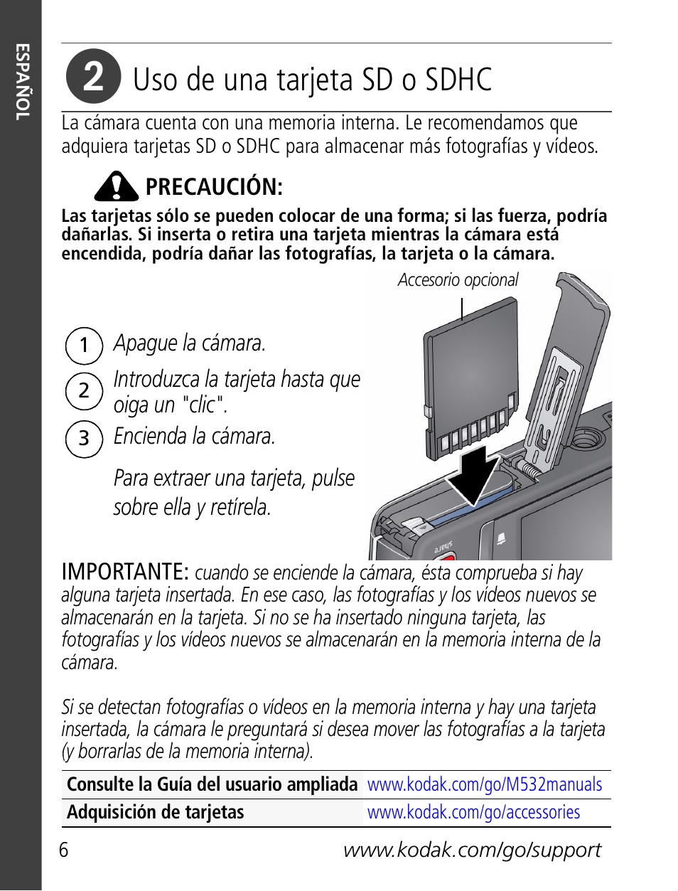 Uso de una tarjeta sd o sdhc | Kodak M532 User Manual | Page 6 / 28