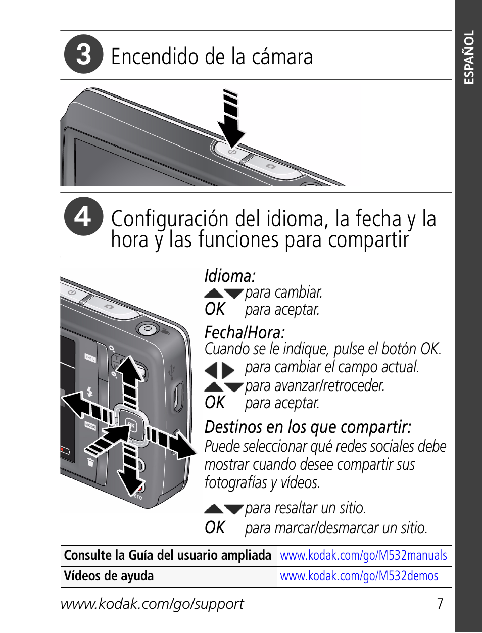 Encendido de la cámara | Kodak M532 User Manual | Page 7 / 28