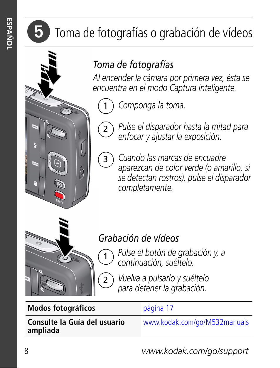 Toma de fotografías o grabación de vídeos | Kodak M532 User Manual | Page 8 / 28
