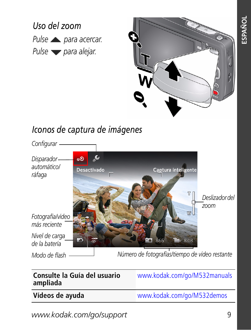 Iconos de captura de imágenes uso del zoom, Pulse para acercar. pulse, Para alejar | Kodak M532 User Manual | Page 9 / 28