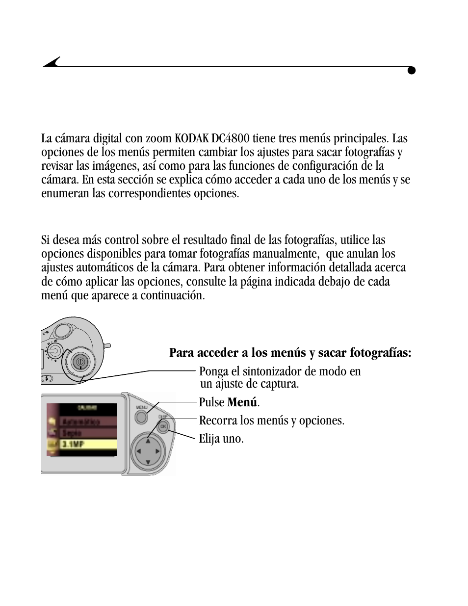 Descripción general de los menús de la cámara, Menú para tomar fotografías manualmente | Kodak DC4800 User Manual | Page 23 / 136