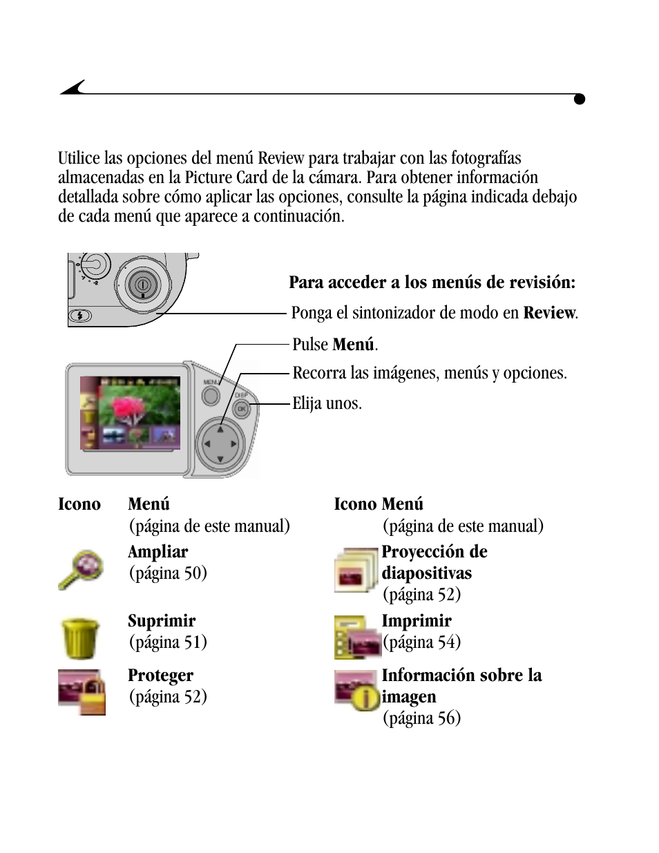 Menú revisar imágenes, 12 menú revisar imágenes, Ponga el sintonizador de modo en review | Kodak DC4800 User Manual | Page 25 / 136
