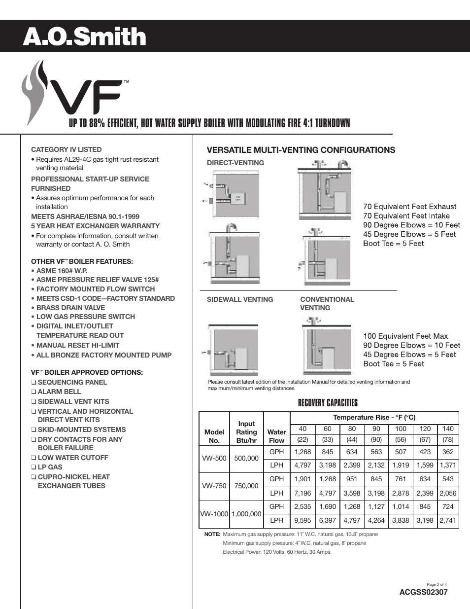 Recovery capacities | A.O. Smith ACGSS02307 User Manual | Page 2 / 4
