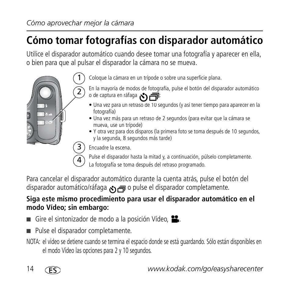 Cómo tomar fotografías con disparador automático | Kodak Z1012 IS User Manual | Page 14 / 30