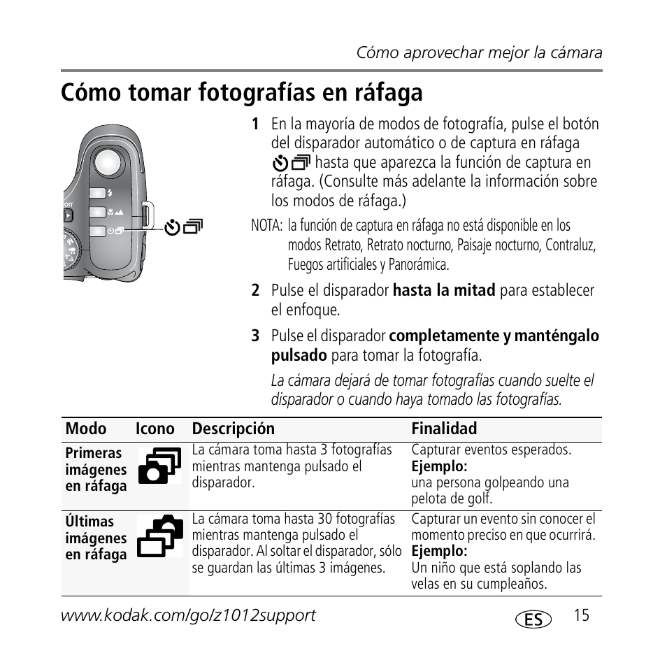 Cómo tomar fotografías en ráfaga | Kodak Z1012 IS User Manual | Page 15 / 30