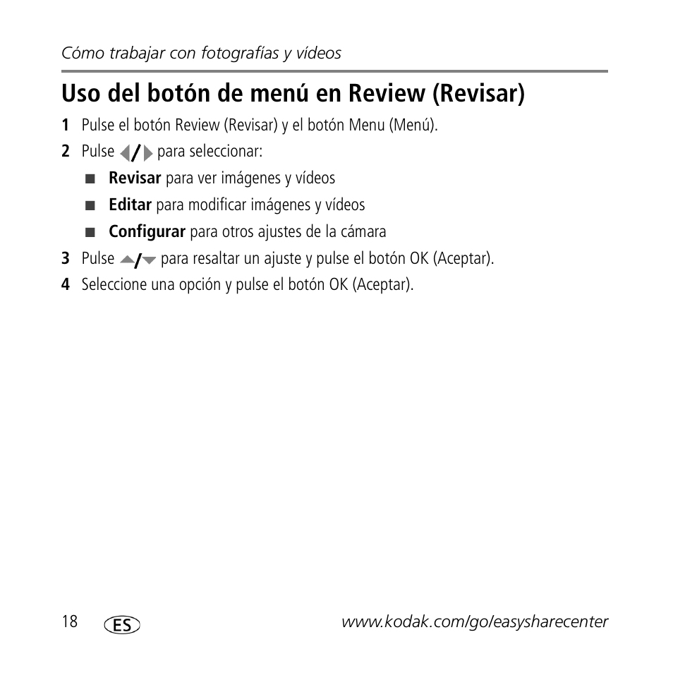 Uso del botón de menú en review (revisar) | Kodak Z1012 IS User Manual | Page 18 / 30