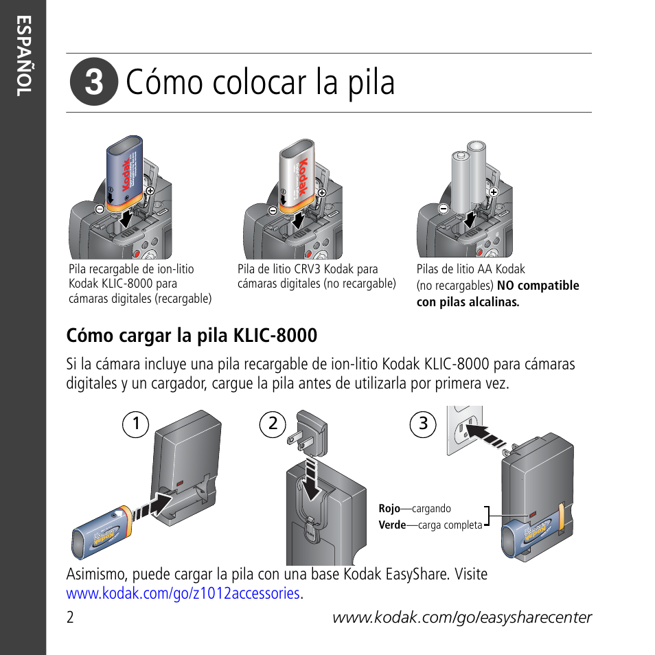 Cómo colocar la pila | Kodak Z1012 IS User Manual | Page 2 / 30