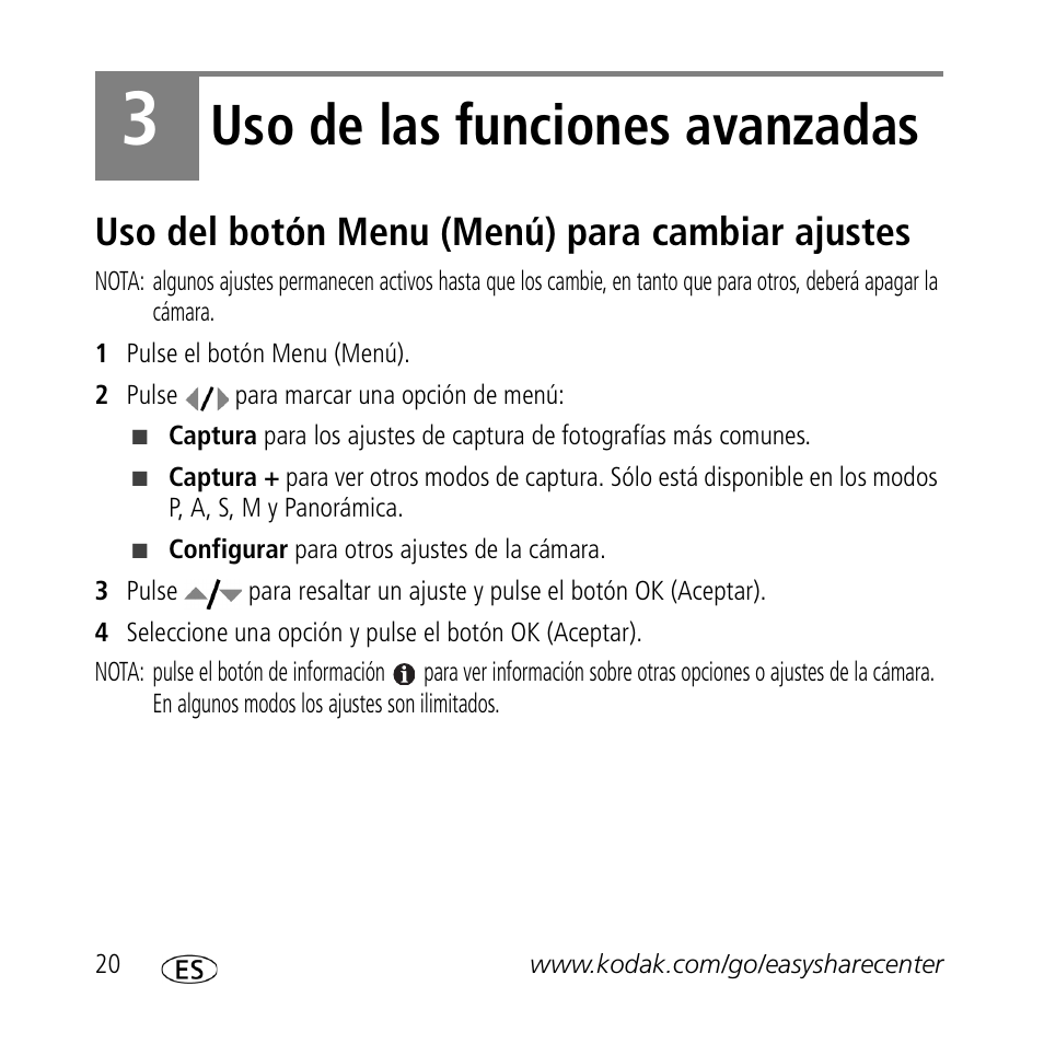 Uso de las funciones avanzadas, Uso del botón menu (menú) para cambiar ajustes | Kodak Z1012 IS User Manual | Page 20 / 30
