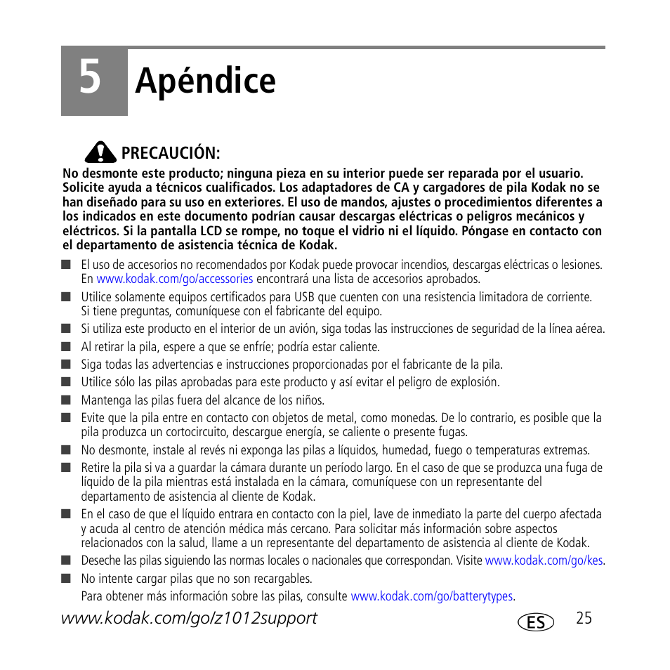 Apéndice | Kodak Z1012 IS User Manual | Page 25 / 30