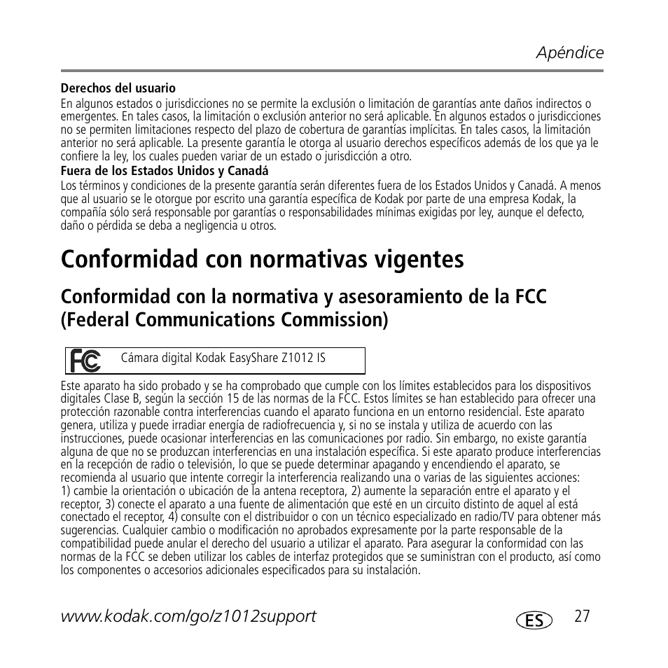 Conformidad con normativas vigentes | Kodak Z1012 IS User Manual | Page 27 / 30
