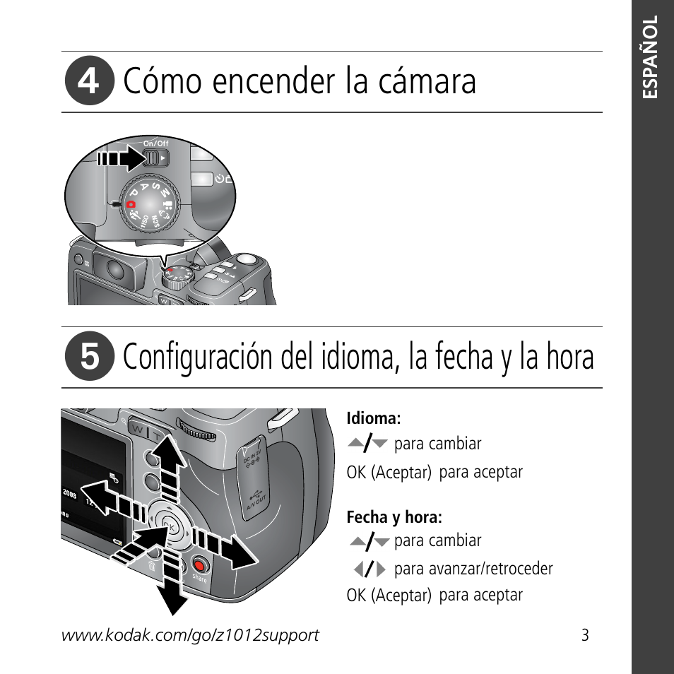 Cómo encender la cámara, Configuración del idioma, la fecha y la hora | Kodak Z1012 IS User Manual | Page 3 / 30