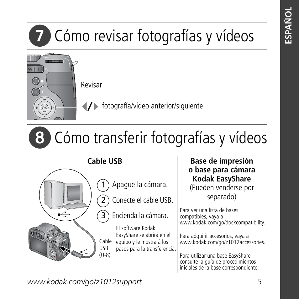 Cómo revisar fotografías y vídeos, Cómo transferir fotografías y vídeos | Kodak Z1012 IS User Manual | Page 5 / 30