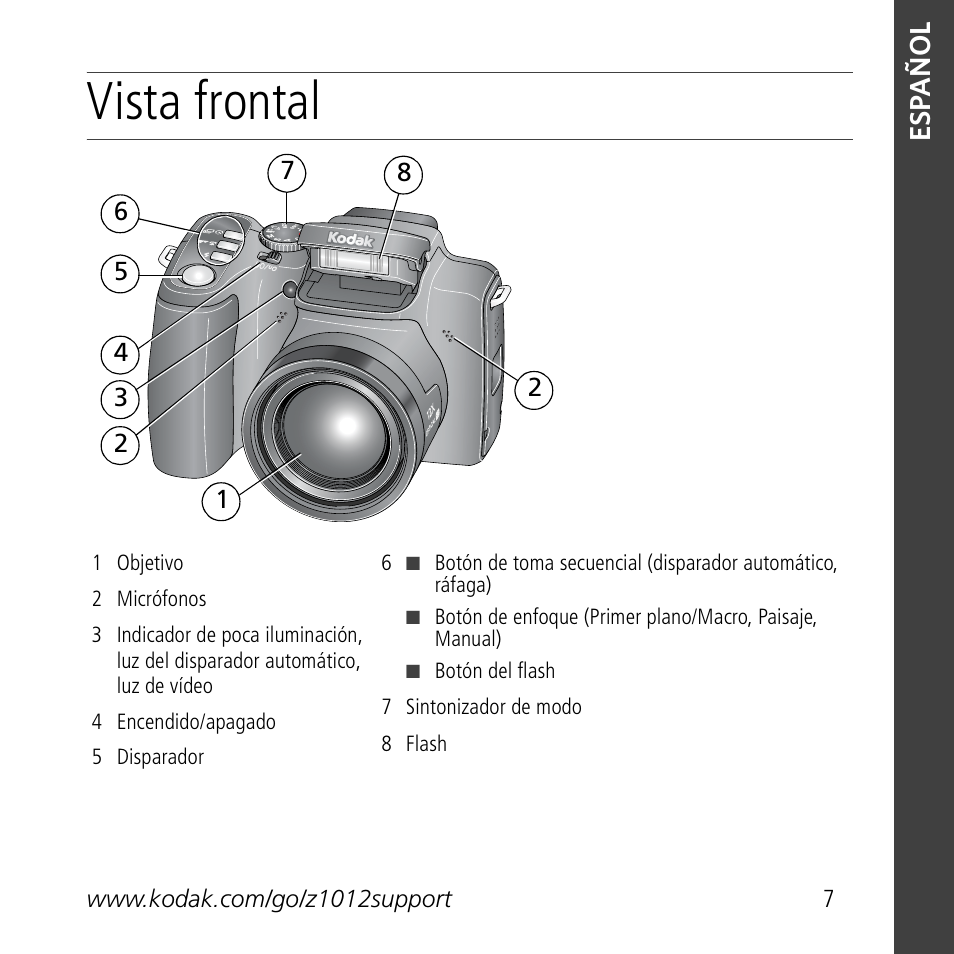 Vista frontal, Esp a ñ ol | Kodak Z1012 IS User Manual | Page 7 / 30