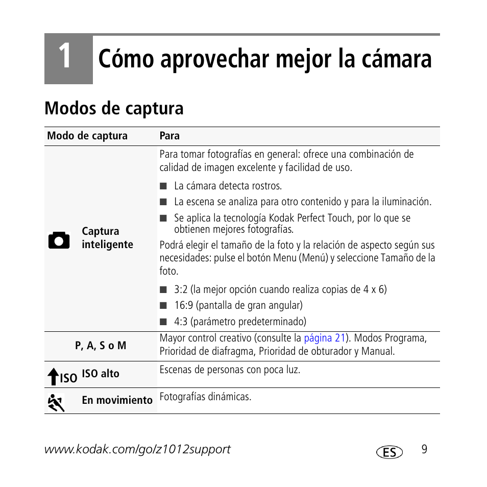 Cómo aprovechar mejor la cámara, Modos de captura | Kodak Z1012 IS User Manual | Page 9 / 30