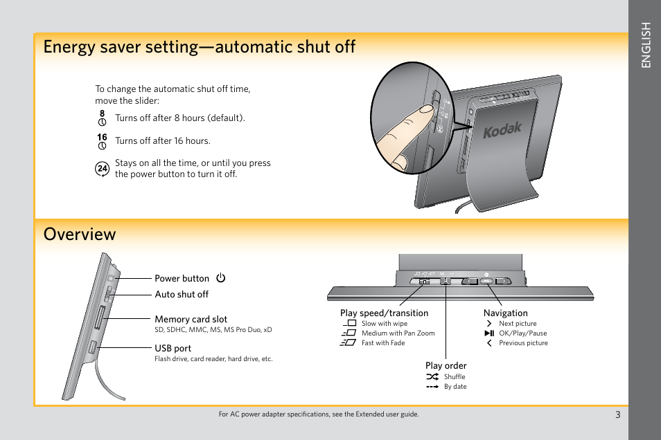 Overview energy saver setting—automatic shut off, English | Kodak P85 User Manual | Page 3 / 10