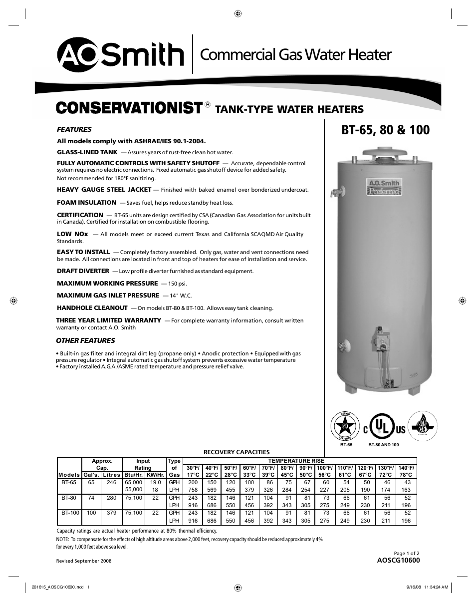 A.O. Smith BT-100 User Manual | 2 pages