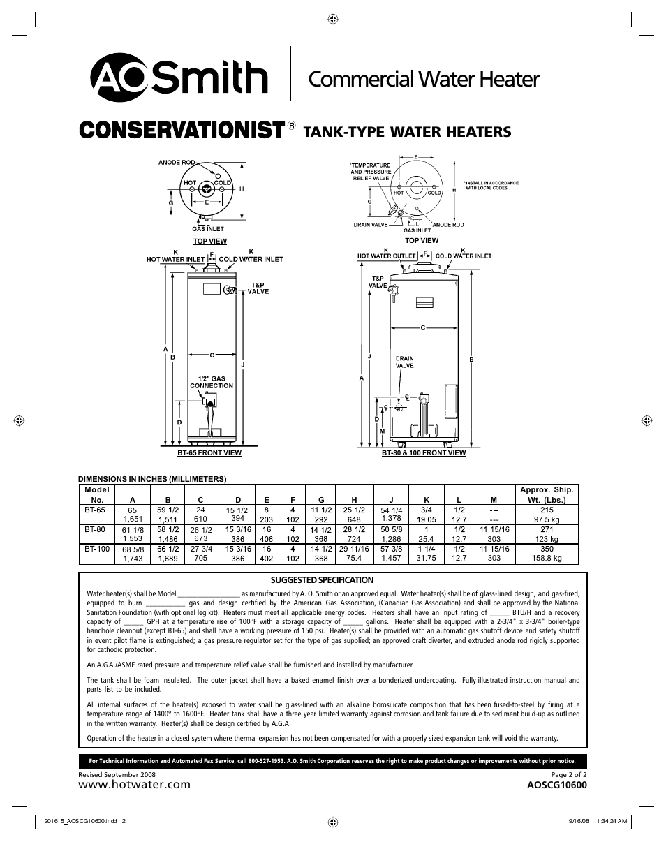 Commercial water heater, Tank-type water heaters | A.O. Smith BT-100 User Manual | Page 2 / 2