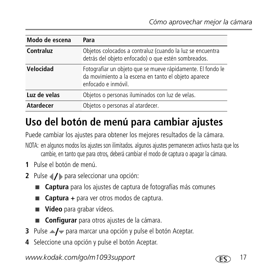 Uso del botón de menú para cambiar ajustes | Kodak M1093 IS User Manual | Page 17 / 29