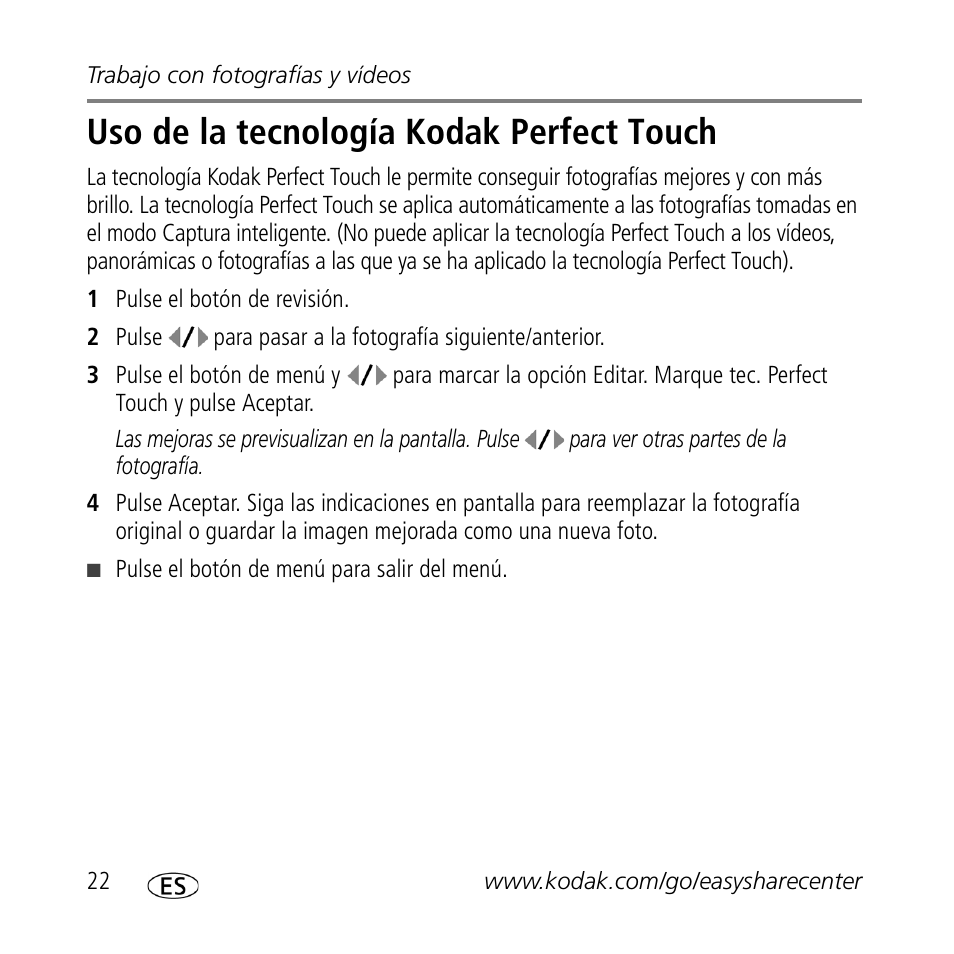 Uso de la tecnología kodak perfect touch | Kodak M1093 IS User Manual | Page 22 / 29