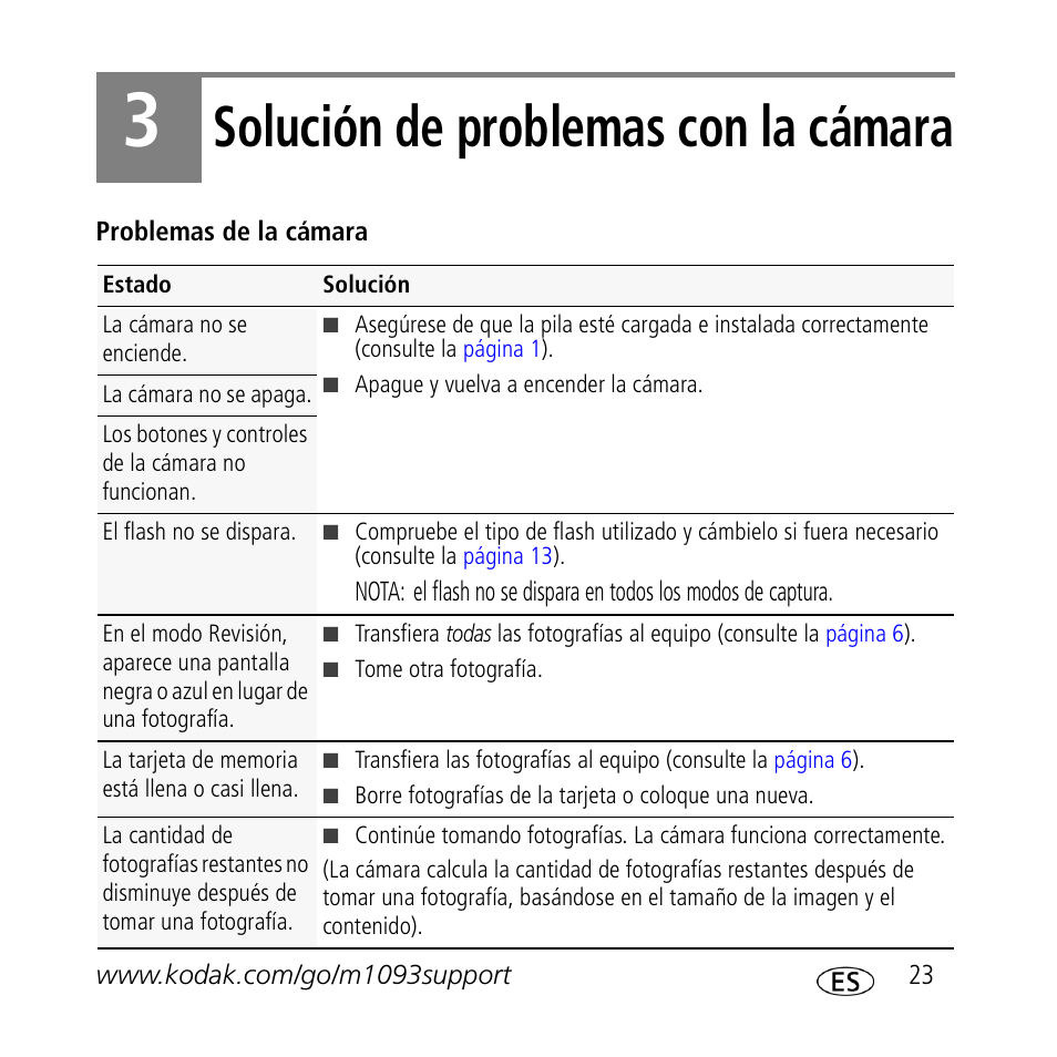 Solución de problemas con la cámara | Kodak M1093 IS User Manual | Page 23 / 29