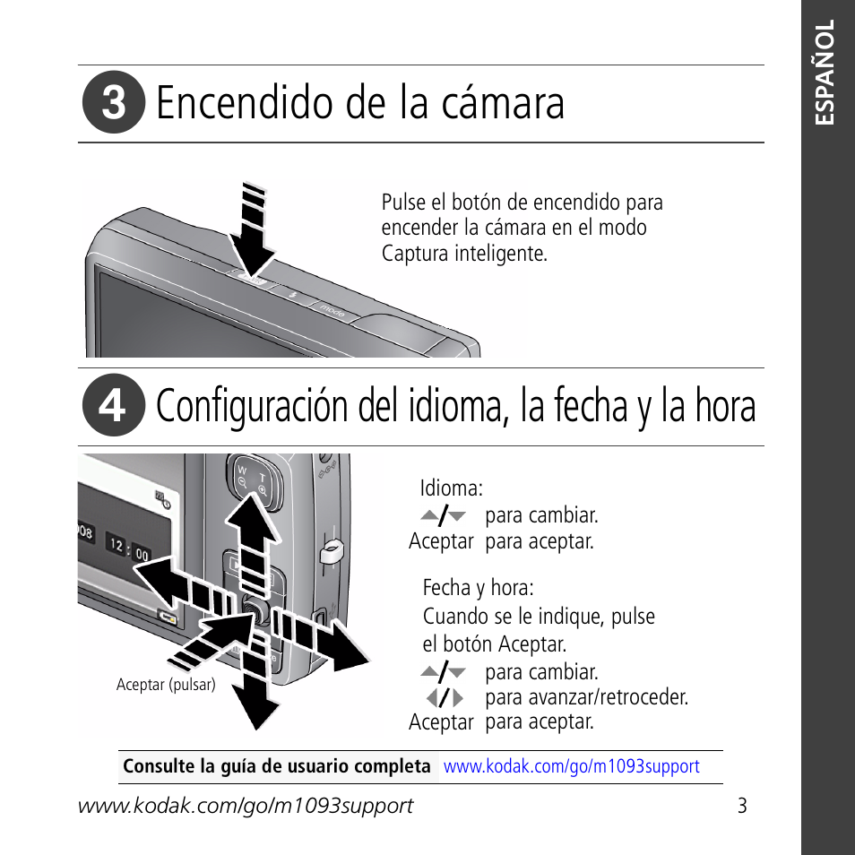 Encendido de la cámara, Configuración del idioma, la fecha y la hora | Kodak M1093 IS User Manual | Page 3 / 29