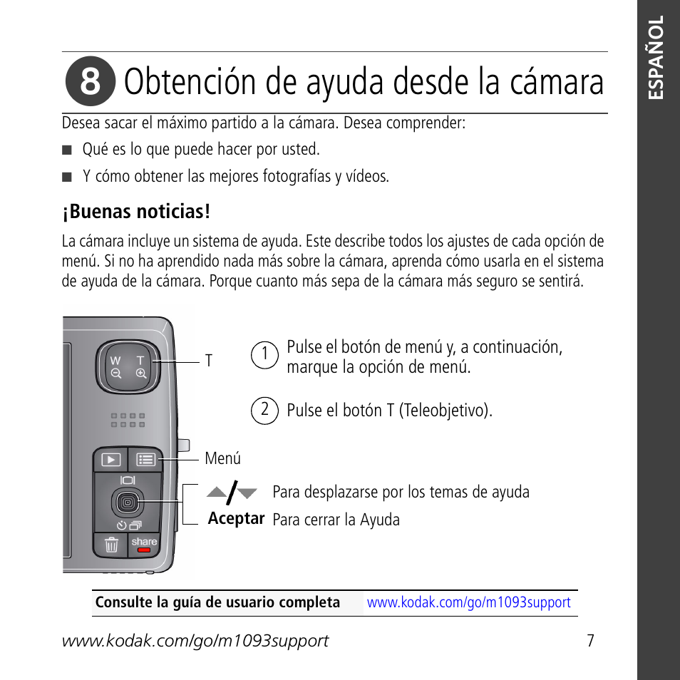 Obtención de ayuda desde la cámara | Kodak M1093 IS User Manual | Page 7 / 29