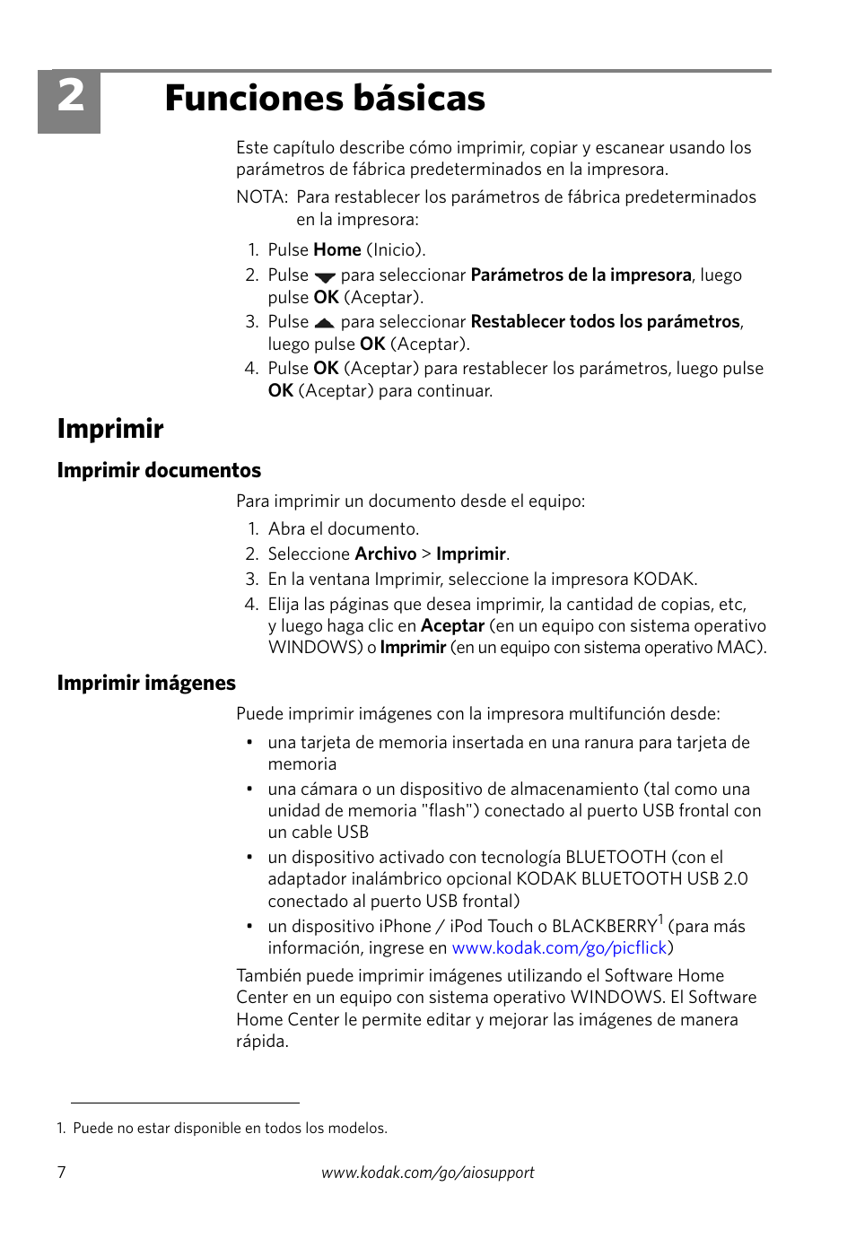 Funciones básicas, Imprimir, Imprimir documentos | Imprimir imágenes, 2 funciones básicas, Imprimir documentos imprimir imágenes | Kodak ESP 7250 User Manual | Page 10 / 20