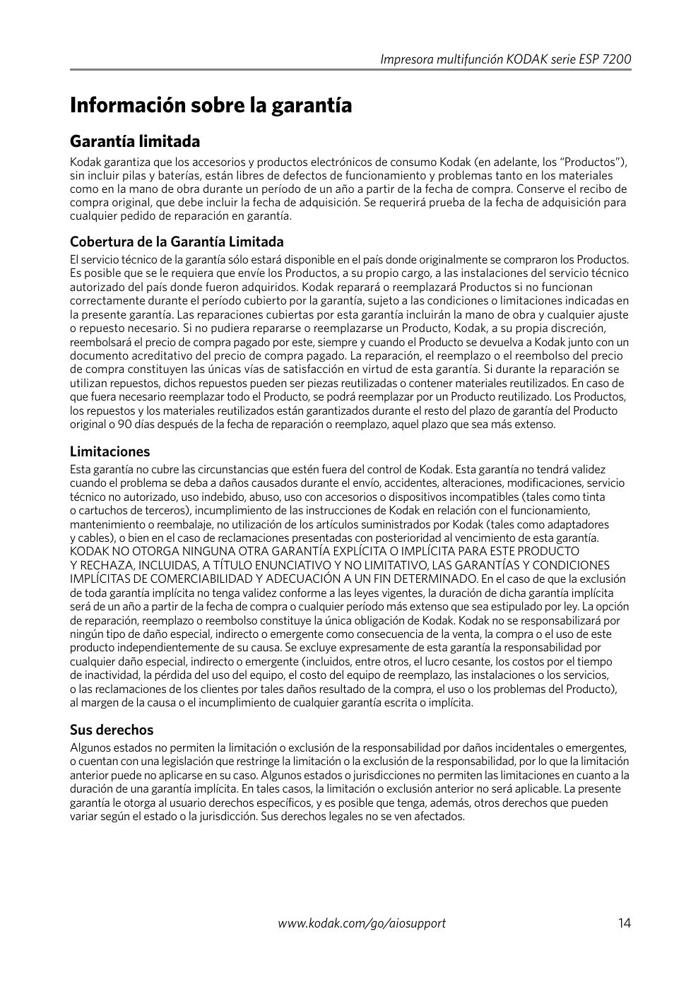 Información sobre la garantía, Garantía limitada | Kodak ESP 7250 User Manual | Page 17 / 20