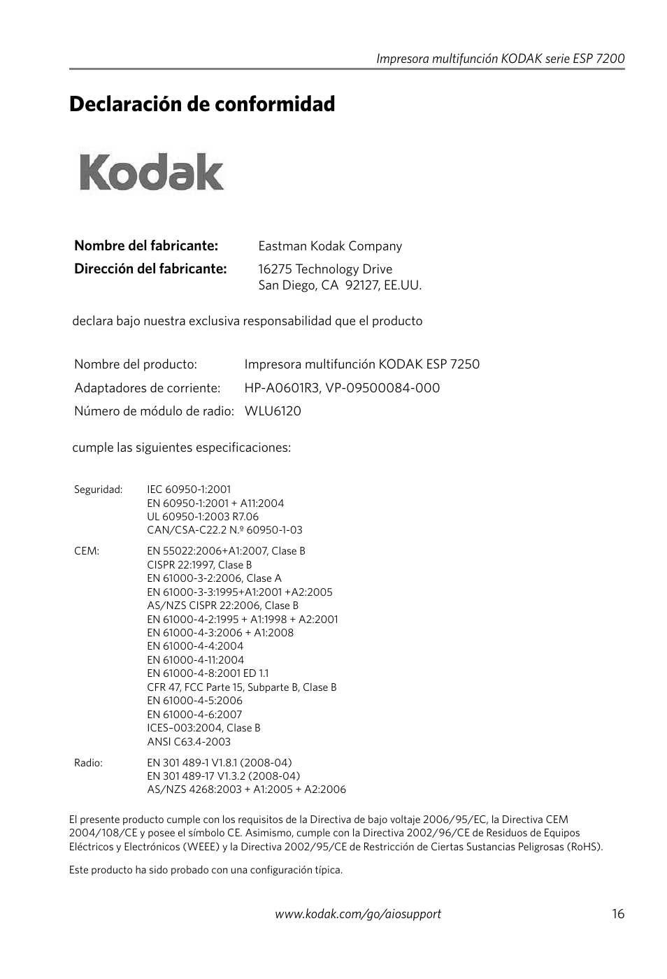 Declaración de conformidad, Nombre del fabricante, Dirección del fabricante | Kodak ESP 7250 User Manual | Page 19 / 20