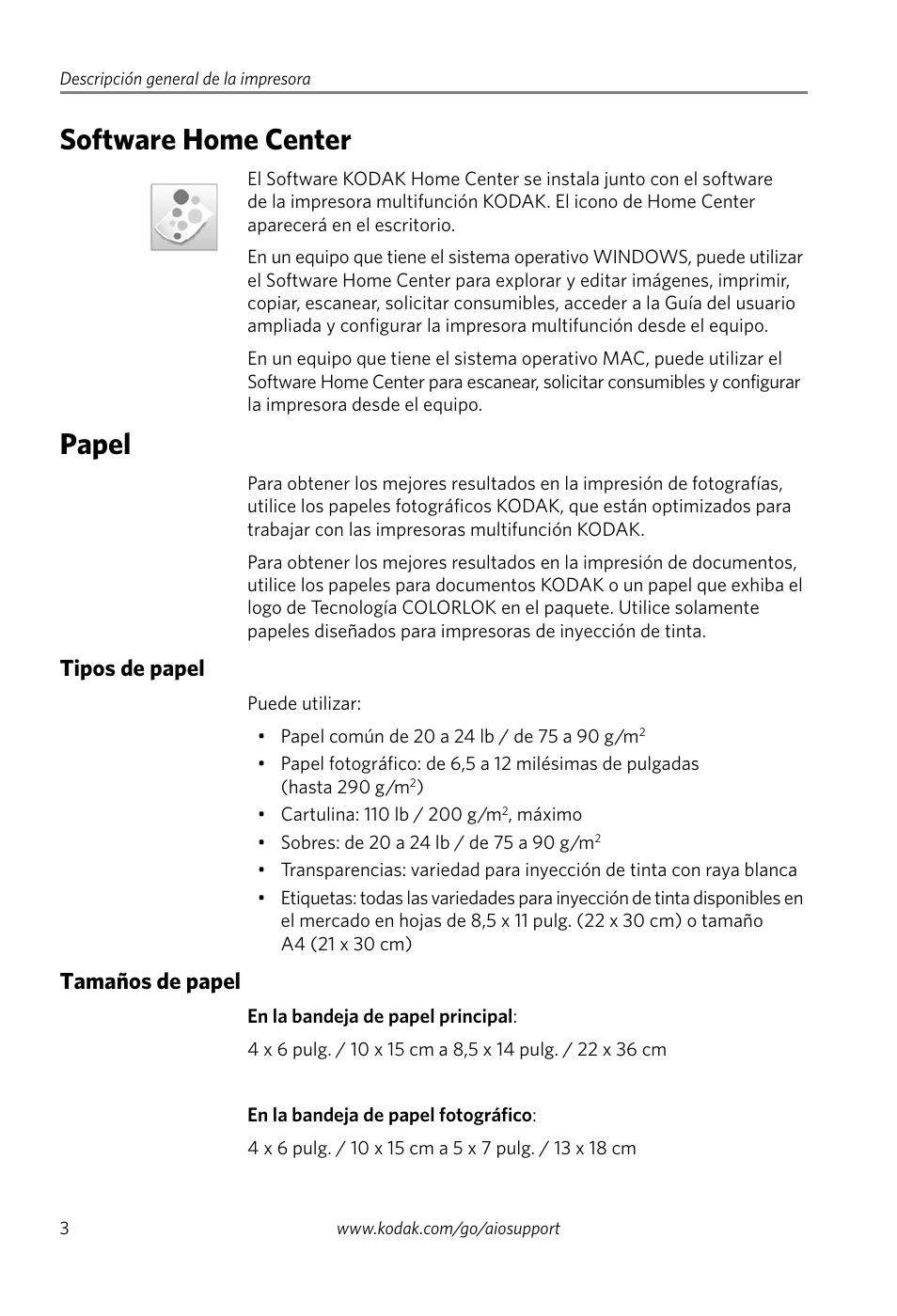 Software home center, Papel, Tipos de papel | Tamaños de papel, Software home center papel, Tipos de papel tamaños de papel | Kodak ESP 7250 User Manual | Page 6 / 20