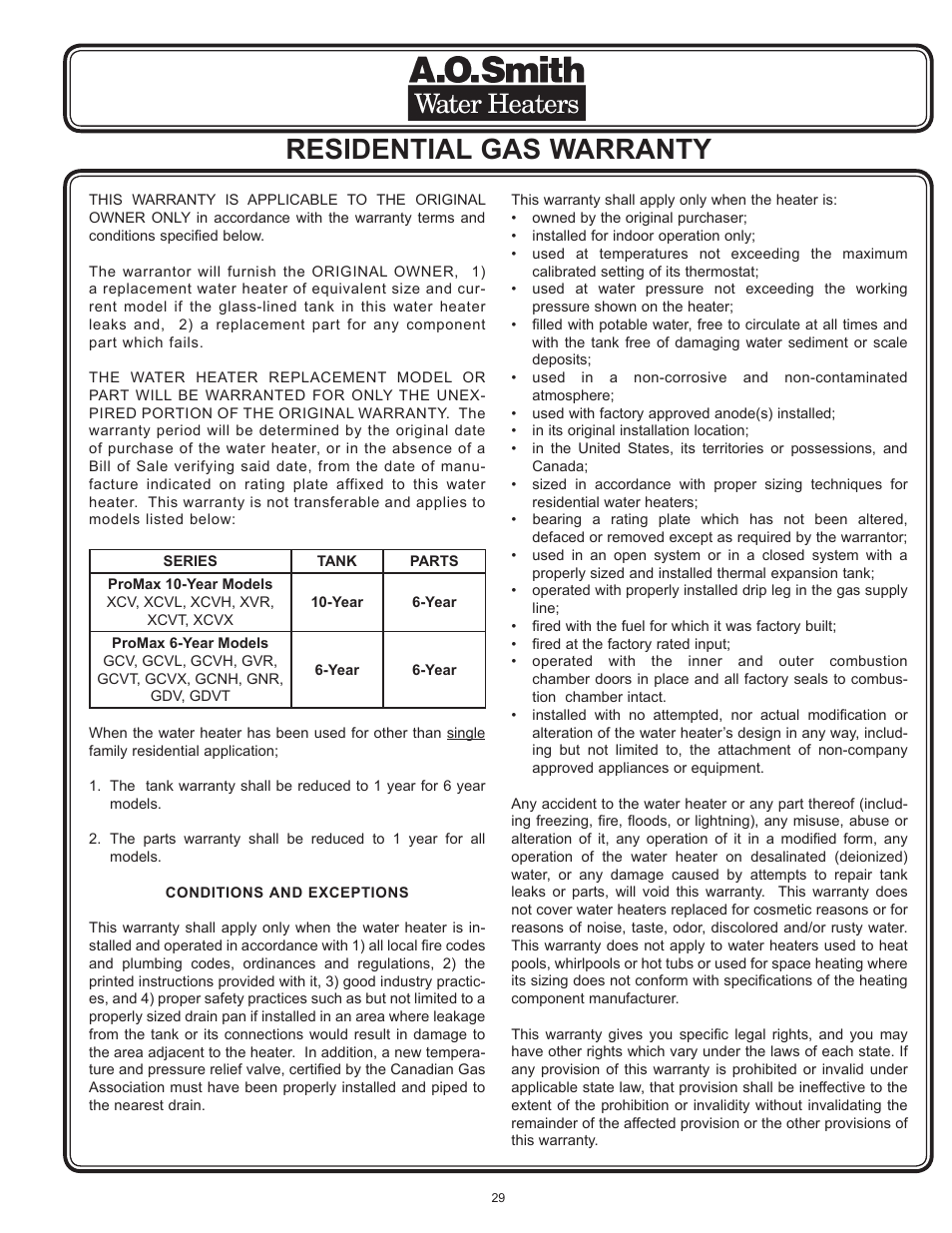 Residential gas warranty | A.O. Smith 186589-004 User Manual | Page 29 / 31