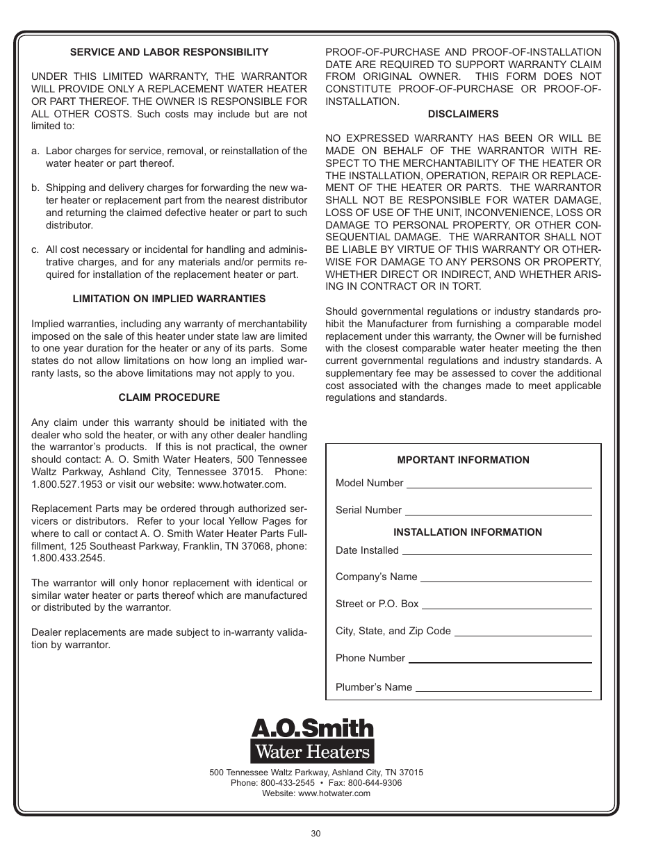 A.O. Smith 186589-004 User Manual | Page 30 / 31