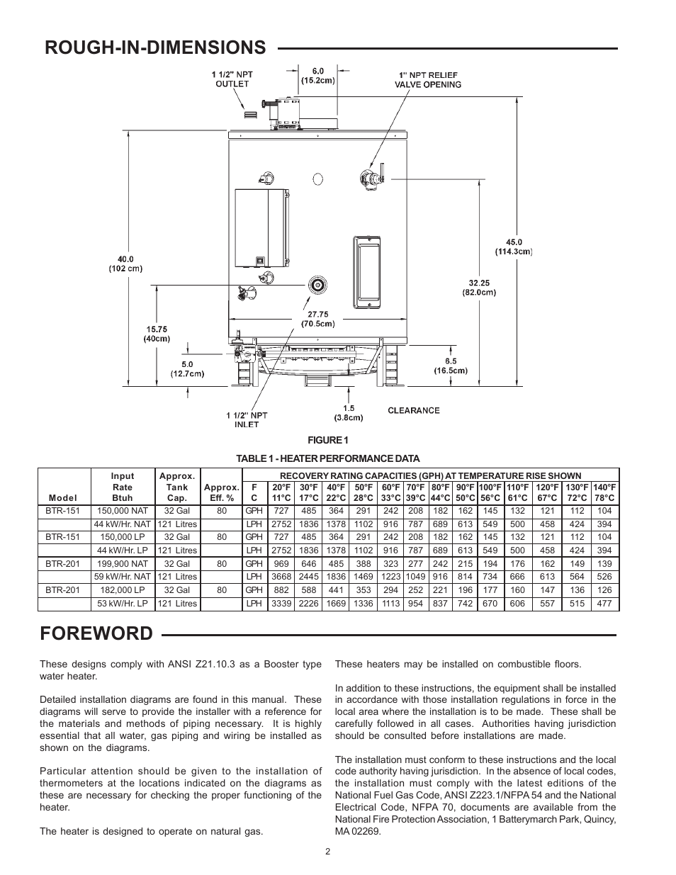 Foreword, Rough-in-dimensions | A.O. Smith BTR 151 THRU 201/A User Manual | Page 2 / 28