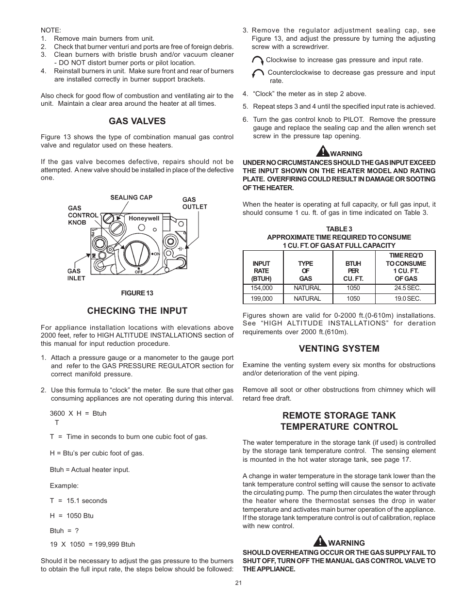 Gas valves, Checking the input, Venting system | Remote storage tank temperature control | A.O. Smith BTR 151 THRU 201/A User Manual | Page 21 / 28