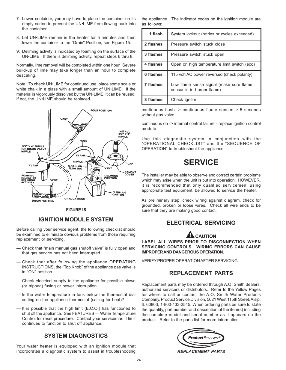 Service, Electrical servicing, Replacement parts | Ignition module system, System diagnostics | A.O. Smith BTR 151 THRU 201/A User Manual | Page 24 / 28