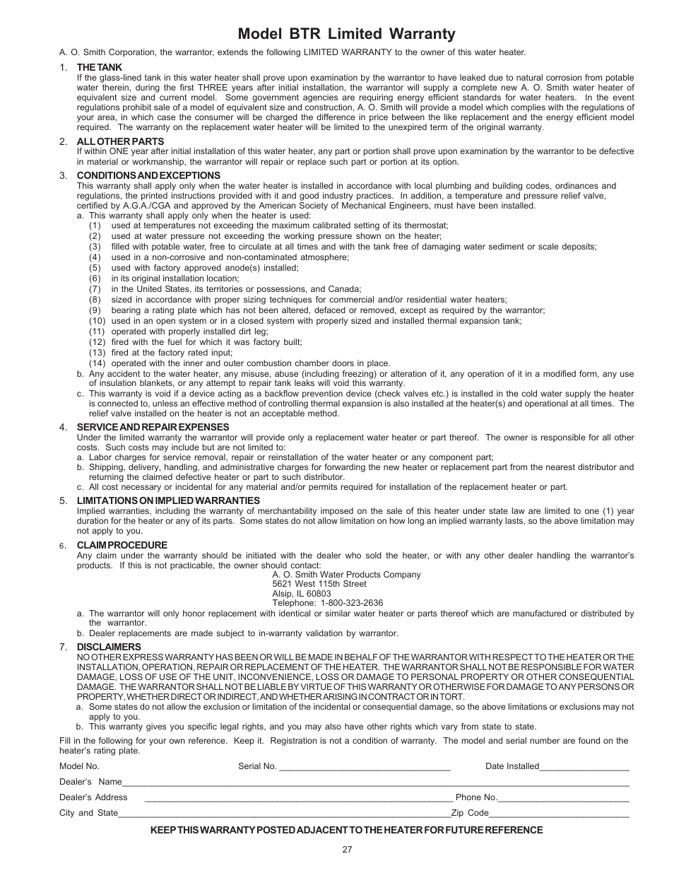 Model btr limited warranty | A.O. Smith BTR 151 THRU 201/A User Manual | Page 27 / 28