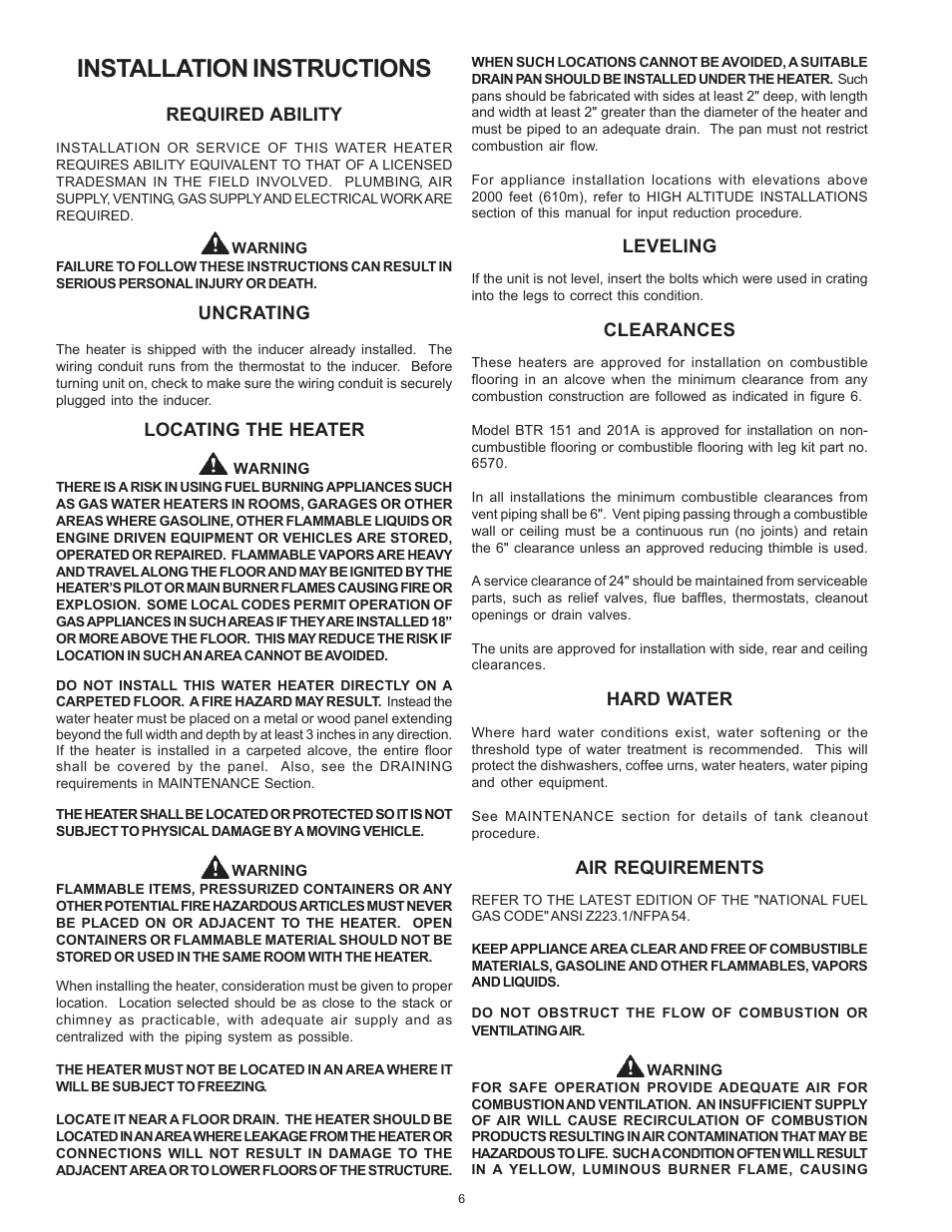 Installation instructions | A.O. Smith BTR 151 THRU 201/A User Manual | Page 6 / 28