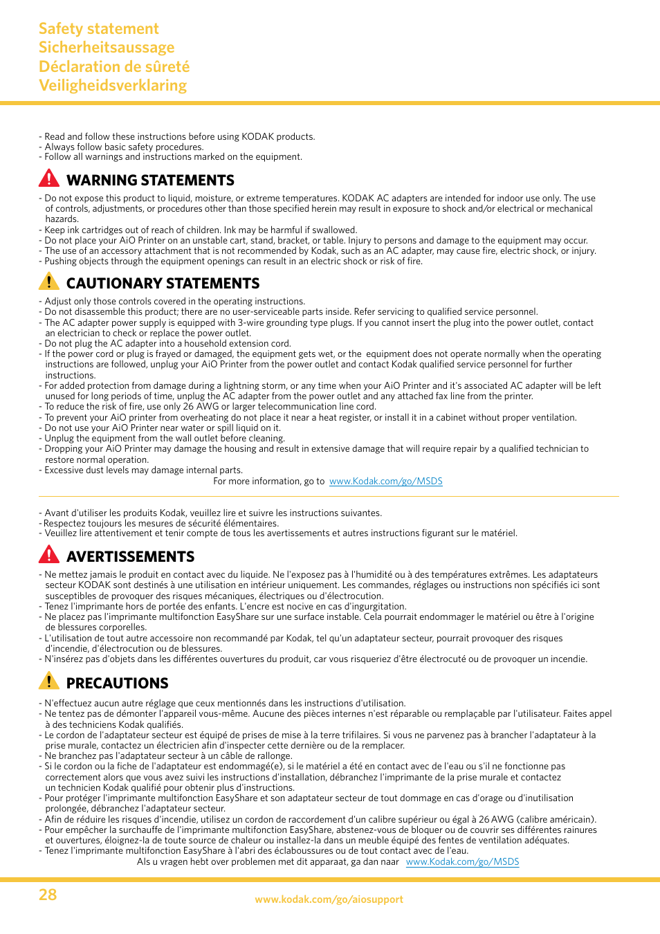 Warning statements, Cautionary statements, Avertissements | Precautions | Kodak 5500 User Manual | Page 28 / 32