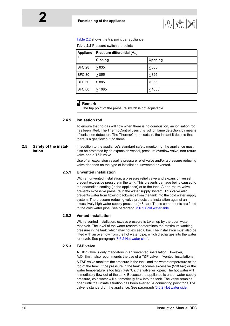 5 ionisation rod, 5 safety of the installation, 1 unvented installation | 2 vented installation, 3 t&p valve, Ionisation rod, Safety of the installation 2.5.1, Unvented installation, Vented installation, T&p valve | A.O. Smith BFC - 28 User Manual | Page 16 / 96