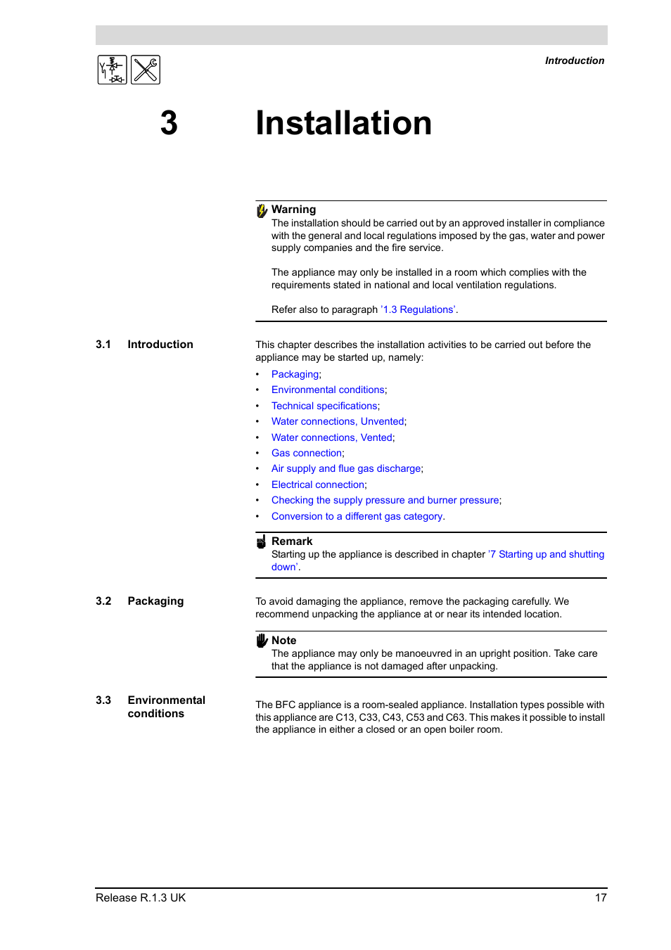 3 installation, 1 introduction, 2 packaging | 3 environmental conditions, Installation, Introduction, Packaging, Environmental conditions, 3installation | A.O. Smith BFC - 28 User Manual | Page 17 / 96