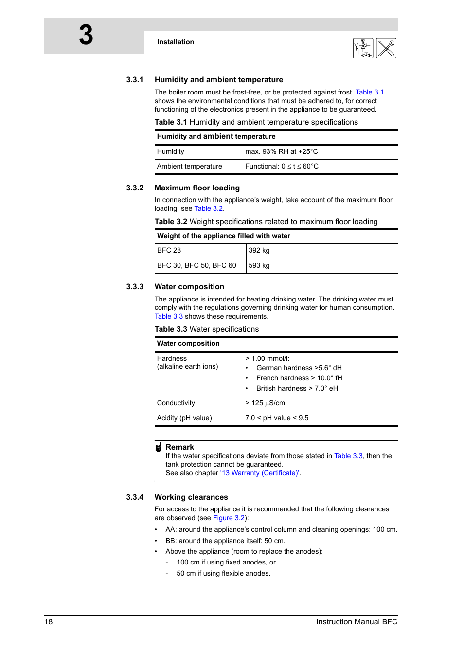 1 humidity and ambient temperature, 2 maximum floor loading, 3 water composition | 4 working clearances, Humidity and ambient temperature, Maximum floor loading, Water composition, Working clearances | A.O. Smith BFC - 28 User Manual | Page 18 / 96