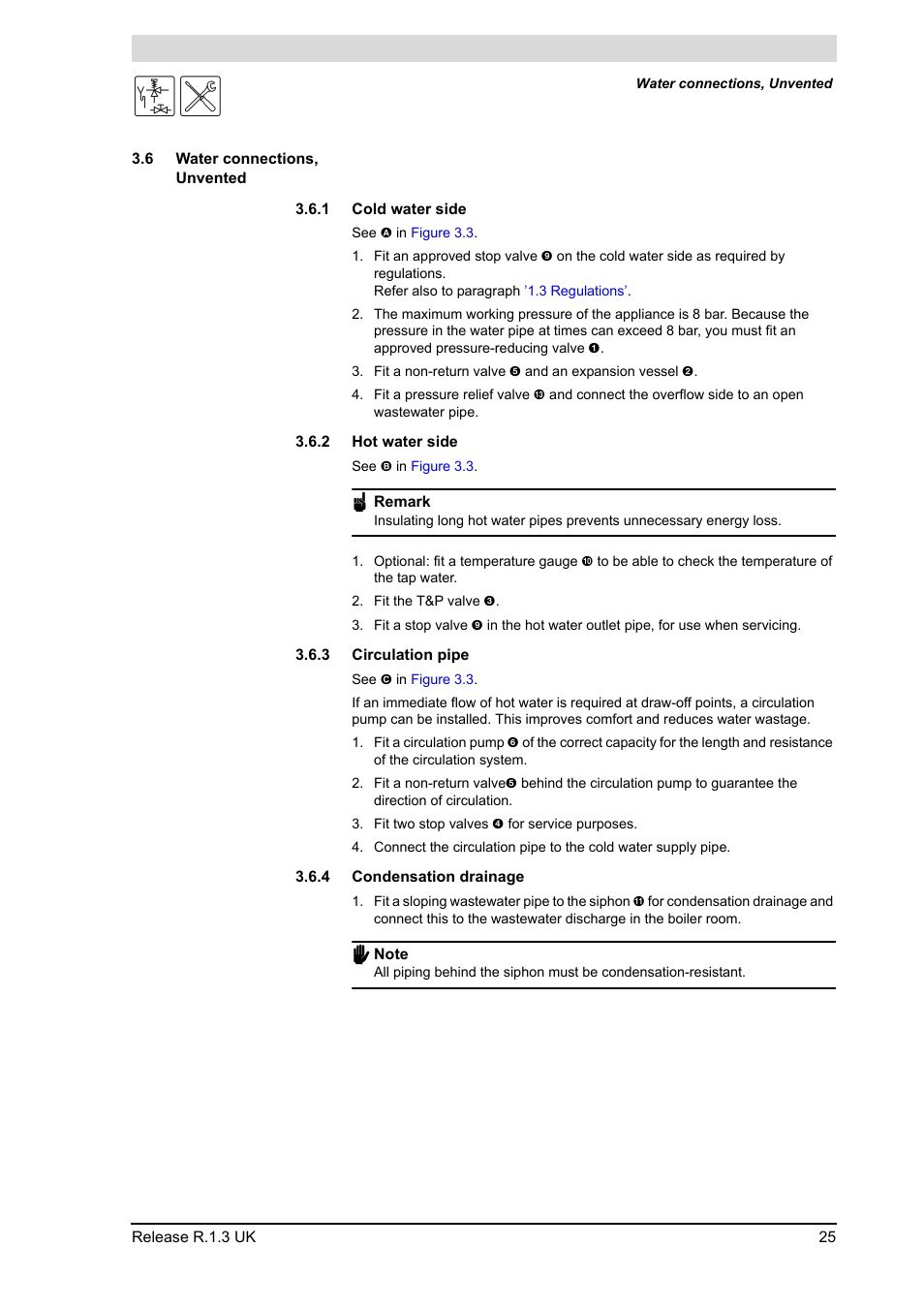 6 water connections, unvented, 1 cold water side, 2 hot water side | 3 circulation pipe, 4 condensation drainage, Water connections, unvented 3.6.1, Cold water side, Hot water side, Circulation pipe, Condensation drainage | A.O. Smith BFC - 28 User Manual | Page 25 / 96