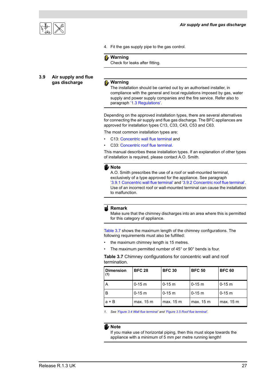 9 air supply and flue gas discharge, Air supply and flue gas discharge | A.O. Smith BFC - 28 User Manual | Page 27 / 96