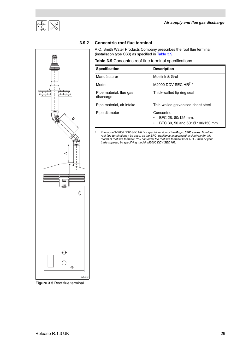 2 concentric roof flue terminal, Concentric roof flue terminal | A.O. Smith BFC - 28 User Manual | Page 29 / 96