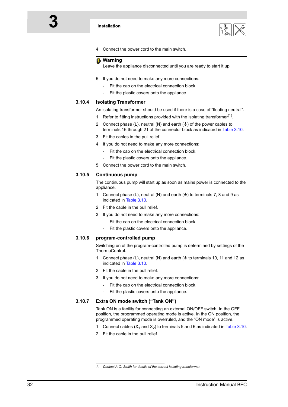 4 isolating transformer, 5 continuous pump, 6 program-controlled pump | 7 extra on mode switch (“tank on”), Isolating transformer, Continuous pump, Program-controlled pump, Extra on mode switch (“tank on”), T. see | A.O. Smith BFC - 28 User Manual | Page 32 / 96