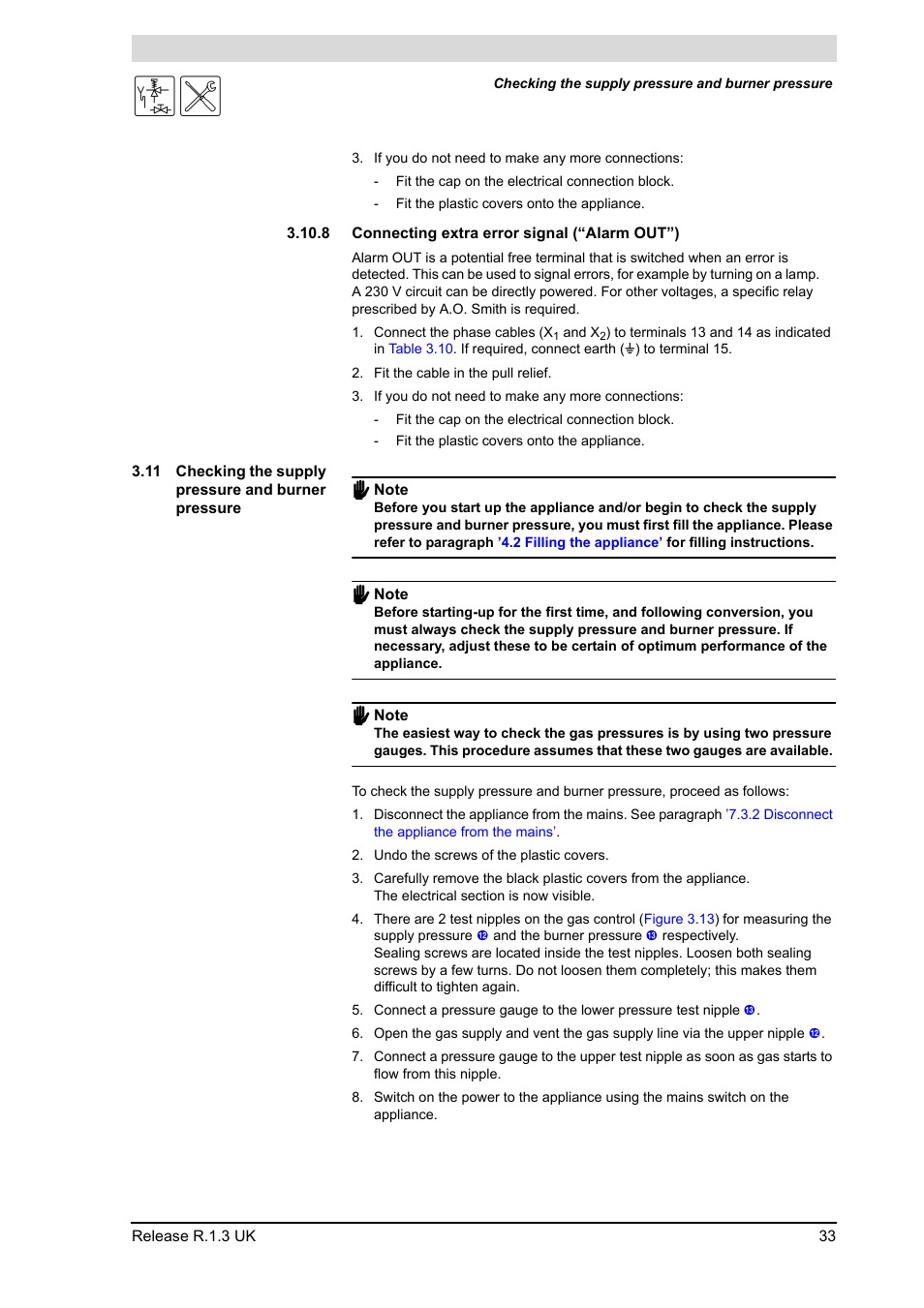 8 connecting extra error signal (“alarm out”), Connecting extra error signal (“alarm out”), Checking the supply pressure and burner pressure | A.O. Smith BFC - 28 User Manual | Page 33 / 96